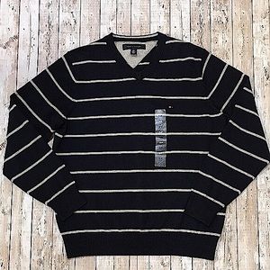 New Tommy Hilfiger Cotton V Neck Pullover Sweater Blue & Gray Stripes Size S